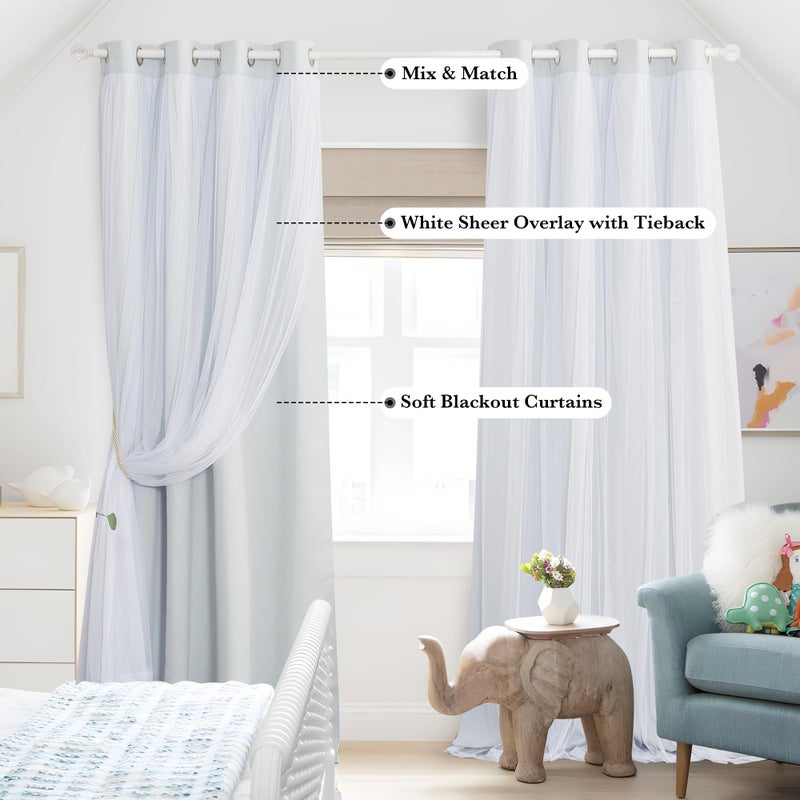 PONY DANCE Double Layer Blackout Curtains with White Sheer for Kids Room, Thermal Insulated Drapes 63 Inches Long for Bedroom with 4 Tiebacks, Nursery Window Decor, 2 Panels, Greyish White, 52W x 63L - Image 5